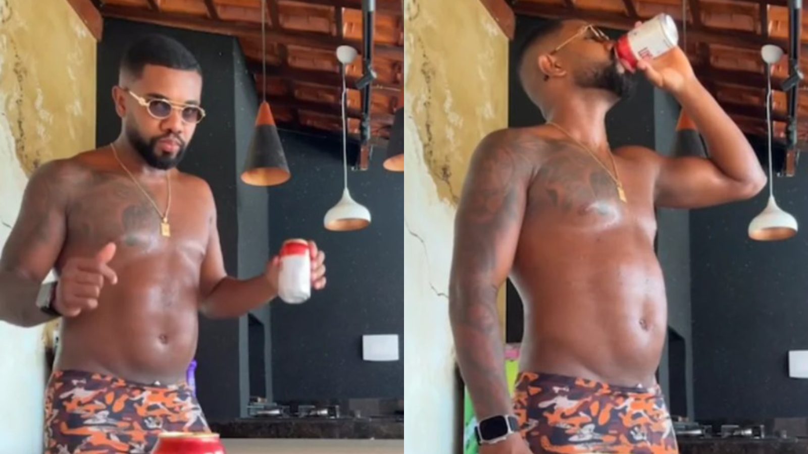 Davi Brito aparece em live segurando uma bebida enquanto conversa com seguidores